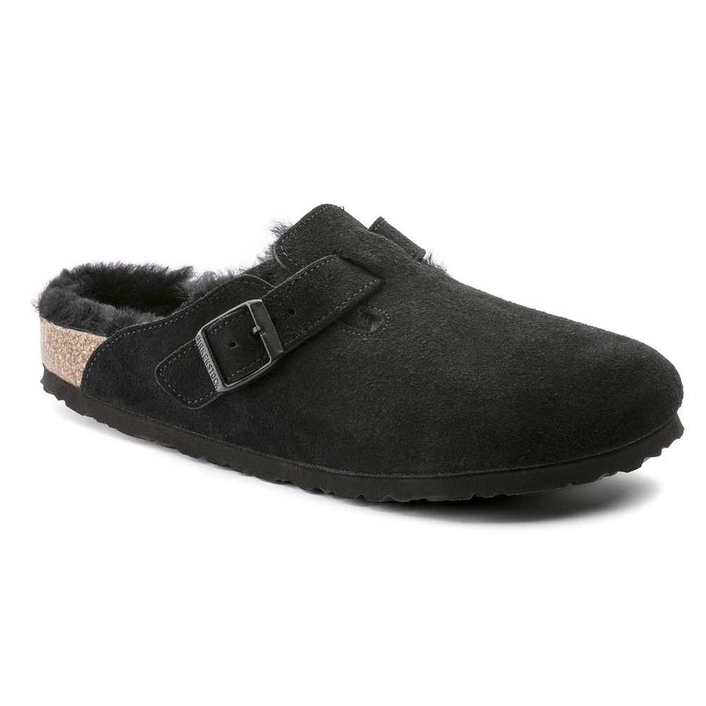 Birkenstock Boston shearling Black Suede Clogs with Buckle 39